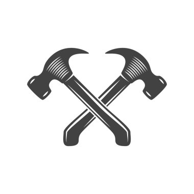 İki çapraz çekiç. Logo öğeleri. Siyah beyaz tek renkli düz vektör çizimleri.