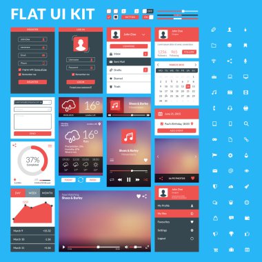 Web ve mobil uygulamalar için düz tasarım UI öğeleri kümesi. Vektör çizim. Simgeler, düğmeler, web elemanları
