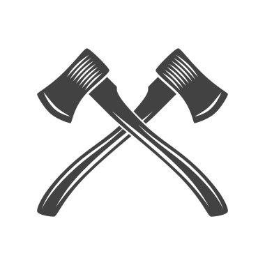 Uzun saplı iki çapraz eksen. Logo öğeleri. Siyah beyaz tek renkli düz vektör çizimleri.