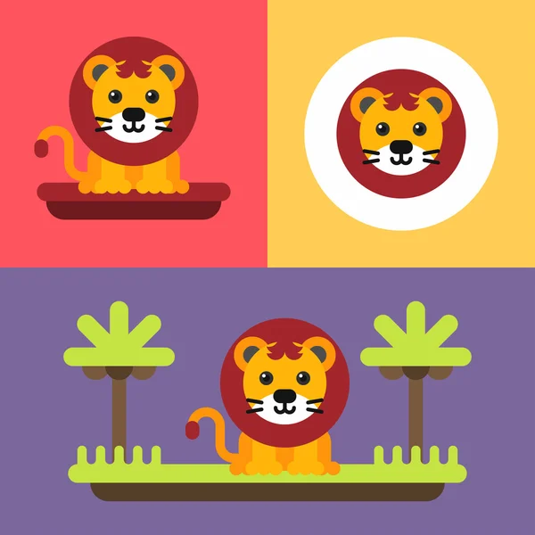 Egy sor három fényes illusztrációk Aranyos oroszlán kölyök. Színes síkvektorgrafikus illusztráció. — Stock Vector