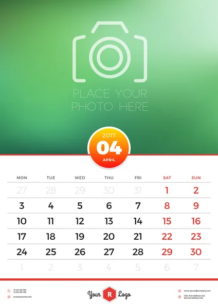 Wall Calendar Template for 2017 Year. April. Vector Design Template with Place for Photo. Week starts Monday. Portrait Orientation — Stock Vector