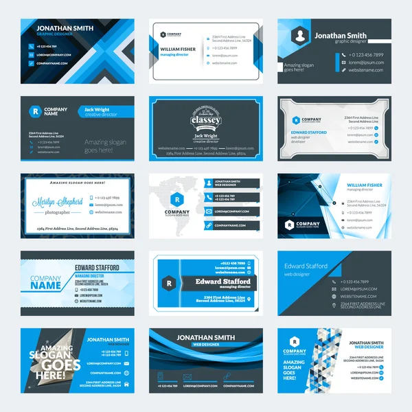 Set of modern creative business card templates. Blue and black colors. Flat style vector illustration. Stationery design — Stock Vector