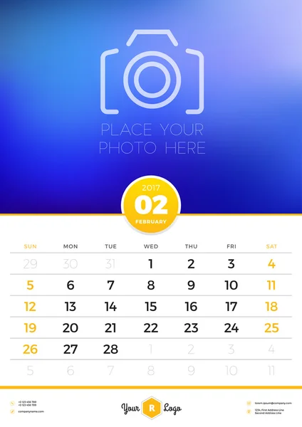 Wall Calendar Template for 2017 Year. February. Vector Design Template with Place for Photo. Week starts Sunday. Portrait Orientation — Stock Vector