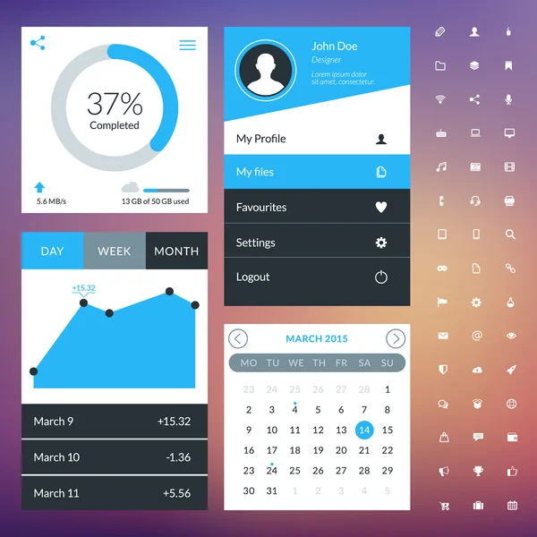 Set of flat design UI elements for website and mobile applications. Vector illustration. Icons, buttons, web elements — Stock Vector