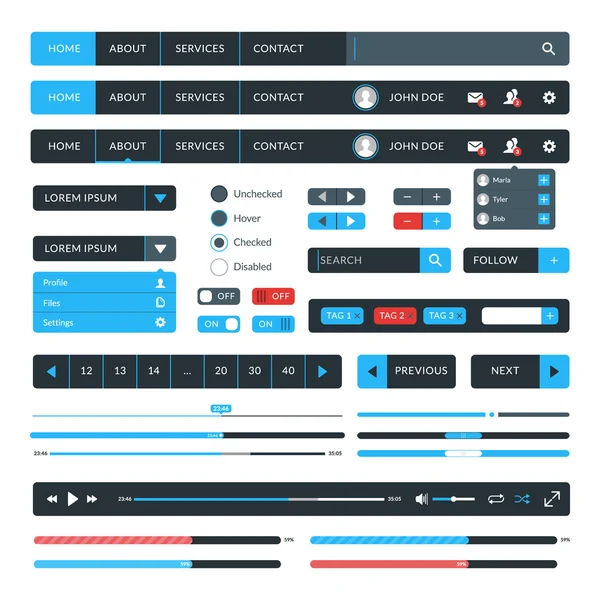 Set of flat design UI elements for website and mobile applications. Vector illustration. Icons, buttons, web elements — Stock Vector