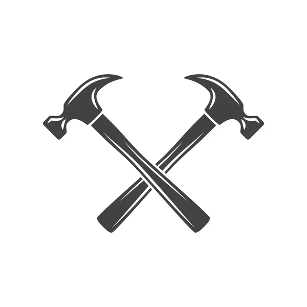 Dos martillos cruzados. Ilustración vectorial plana negra sobre blanca, elemento logo aislado sobre fondo blanco — Archivo Imágenes Vectoriales