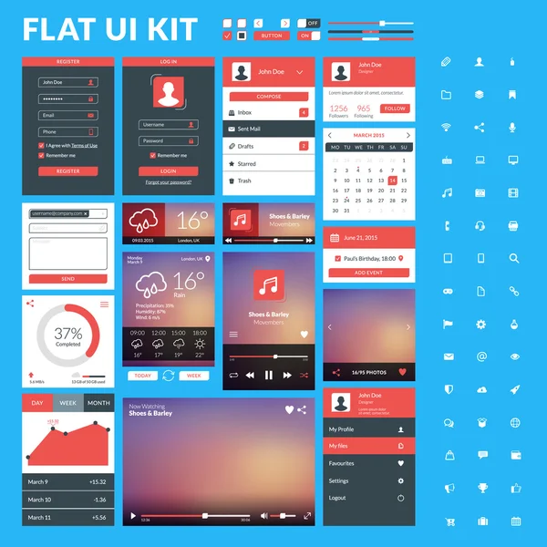 Set of flat design UI elements for website and mobile applications. Vector illustration. Icons, buttons, web elements — Stock Vector