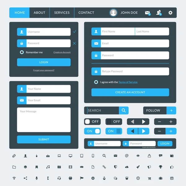 Conjunto de elementos de interfaz de usuario de diseño plano para aplicaciones web y móviles. Ilustración vectorial. Iconos, botones, elementos web — Vector de stock