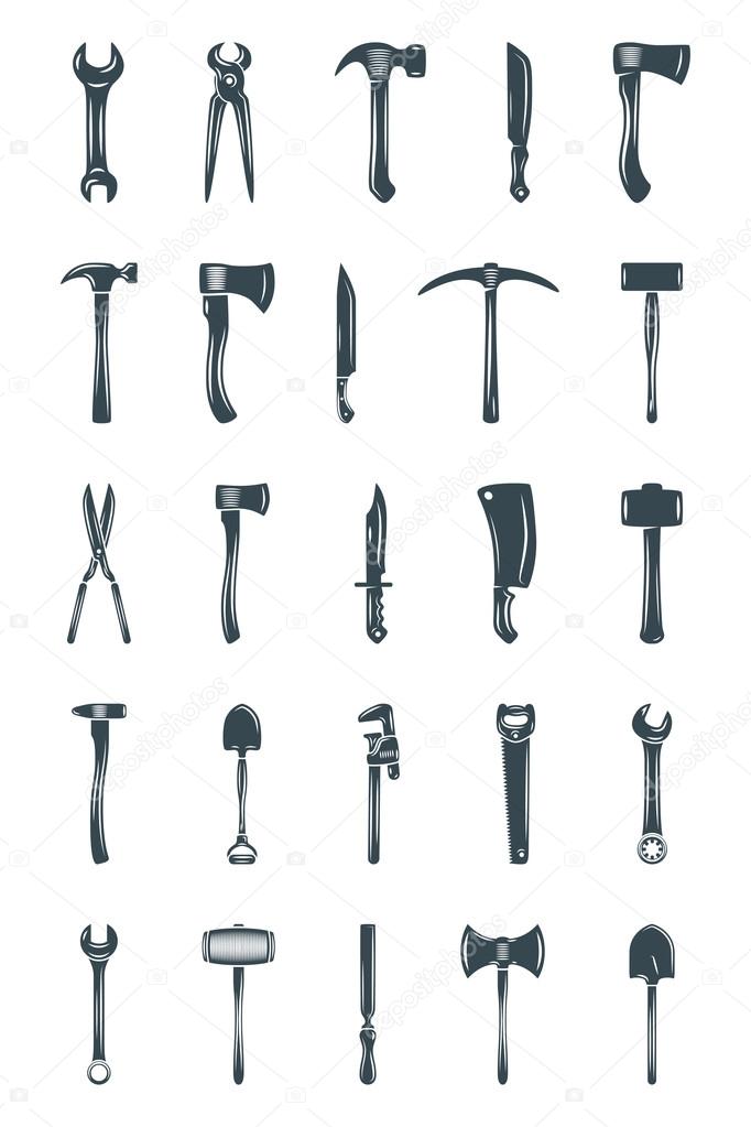 A set of tools and instruments for gardening, construction, agricultural works. Black flat vector illustrations, logo elements isolated on white background