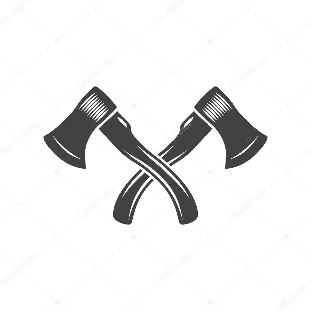 Two crossed axes. Black on white flat vector illustration, logo element isolated on white background