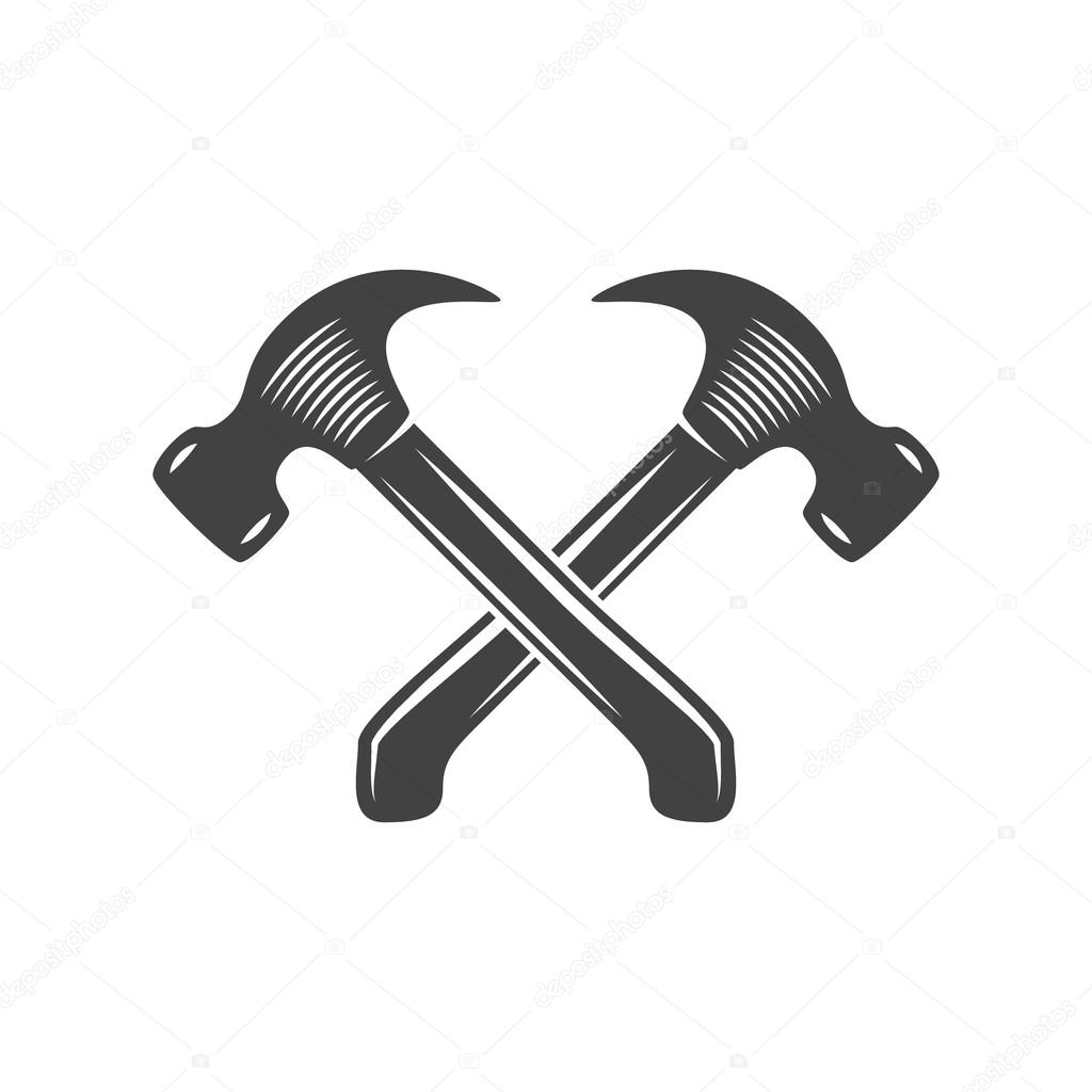 Two crossed hammers. Logo elements. Black and white monochrome flat