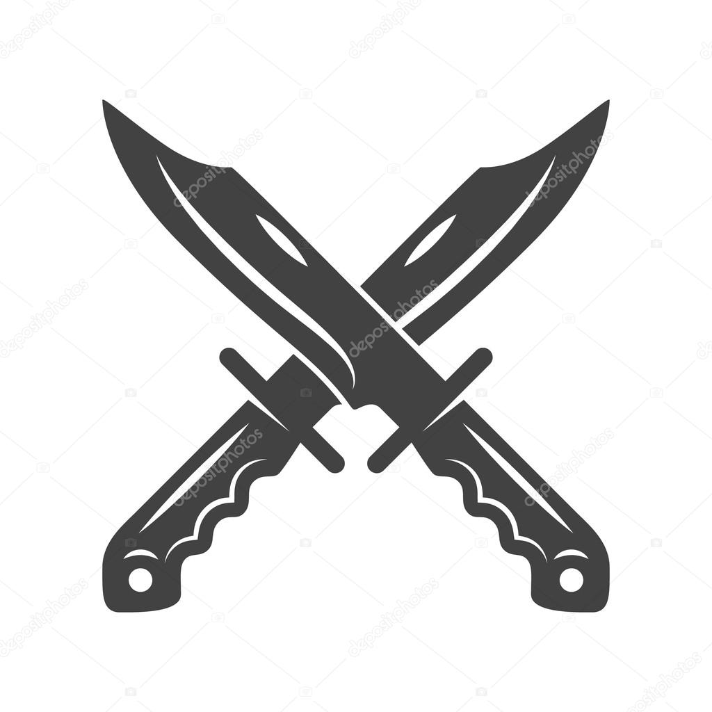 Two crossed hunting knives. Black on white flat vector illustration, logo element isolated on white background