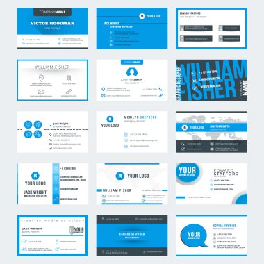 Modern yaratıcı kartvizit şablonları kümesi. Mavi ve siyah renk. Düz stil vektör çizim. İleti örneği tasarım