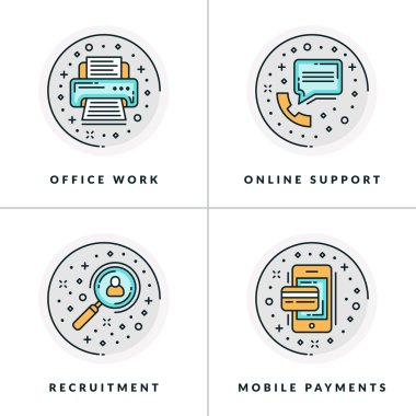 Ofis çalışması, çevrimiçi destek, işe alım, online ödemeler. Gri, turuncu ve mavi düz vektör çizimleri, daire simgeleri renkli dört renkli bir dizi.