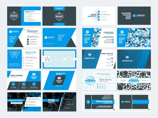 Set moderne creatieve visitekaartjes sjablonen. Blauwe en zwarte kleuren. Vlakke stijl vectorillustratie. Briefpapierontwerp — Stockvector