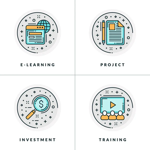 E-learning, projet, investissement, formation. Un ensemble de quatre illustrations vectorielles plates de couleur grise, orange et bleue, icônes de cercle . — Image vectorielle