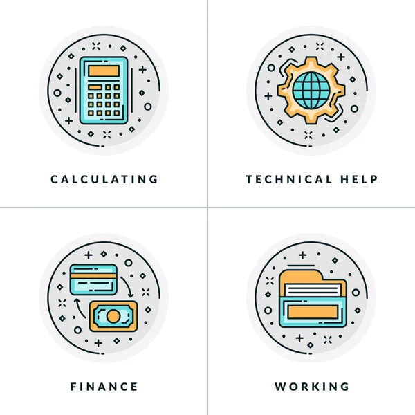 Un ensemble de quatre icônes sur les questions et les processus opérationnels, tels que le calcul, l'aide technique, la finance, le travail. Coloris en illustrations vectorielles plates grises, orange et bleues . — Image vectorielle