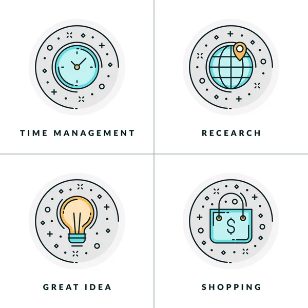 Un ensemble de quatre icônes sur les questions commerciales, telles que la gestion du temps, la recherche, les achats, les grandes idées. Coloris en illustrations vectorielles plates grises, orange et bleues . — Image vectorielle
