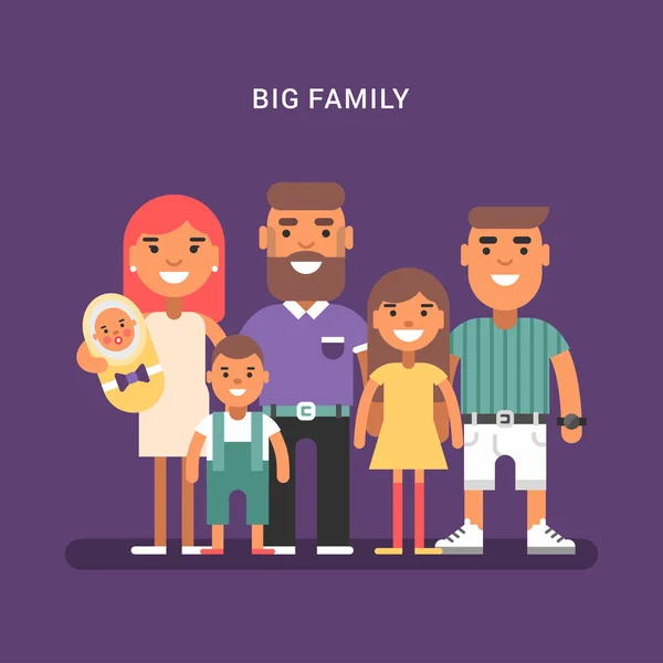 Gran familia de 6 miembros, padres y cuatro hijos de diferentes edades. Ilustración vectorial plana de color sobre fondo violeta — Vector de stock