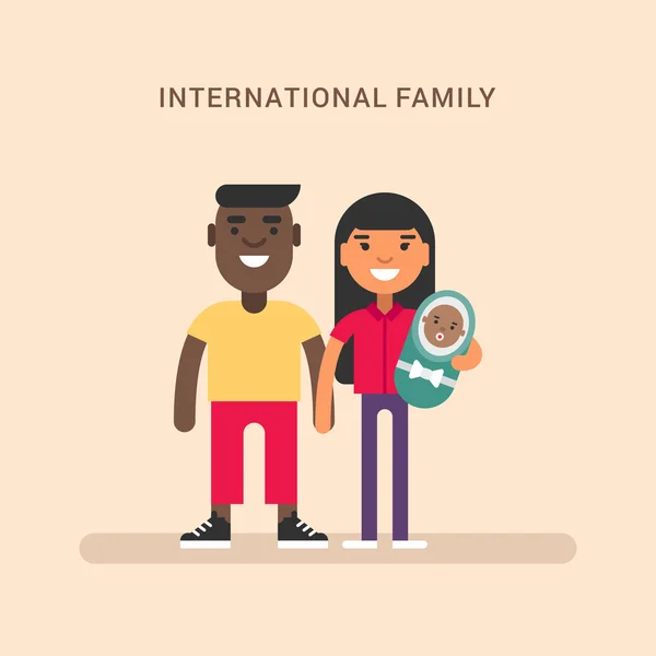 国際家族アフリカ系アメリカ人とヨーロッパ人ピンクの背景に色付きのフラットベクトルイラスト — ストックベクタ