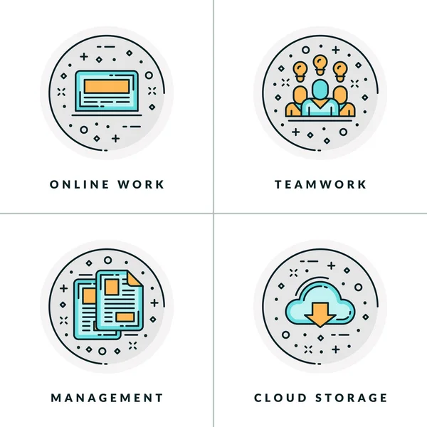 Un ensemble de quatre icônes sur les questions et les processus métier, tels que le travail en ligne, le travail d'équipe, la gestion, le stockage dans le cloud. Coloris en illustrations vectorielles plates grises, orange et bleues . — Image vectorielle