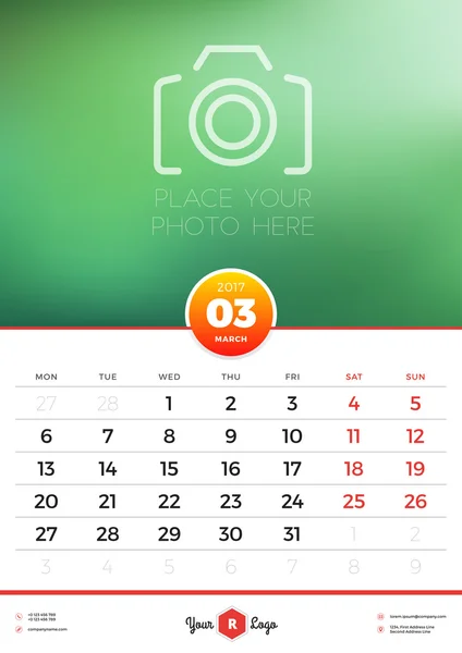 Wall Calendar Template for 2017 Year. March. Vector Design Template with Place for Photo. Week starts Monday. Portrait Orientation — Stock Vector