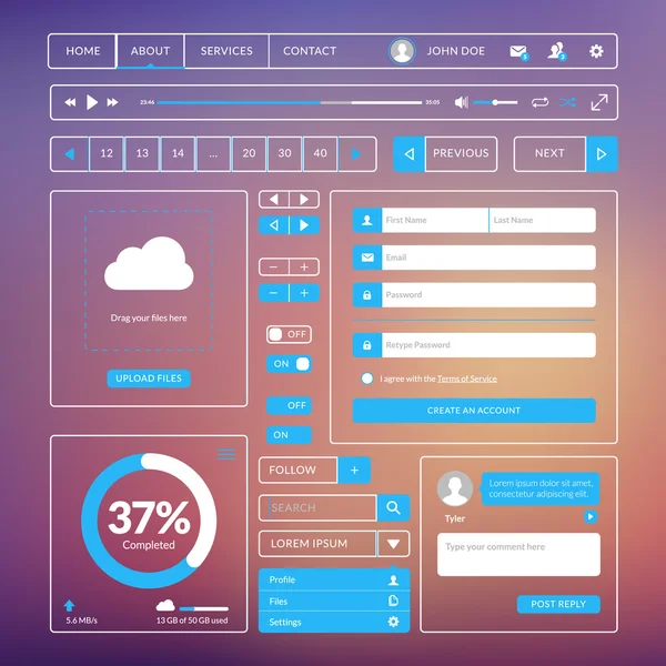 Conjunto de elementos de interface do usuário de design plano para aplicativos móveis e de site. Ilustração vetorial. Ícones, botões, elementos da web — Vetor de Stock