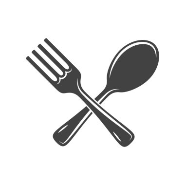 Kaşık ve çatal beyaz arka plan üzerinde izole geçti. Logo öğeleri. Siyah beyaz tek renkli düz vektör çizim.