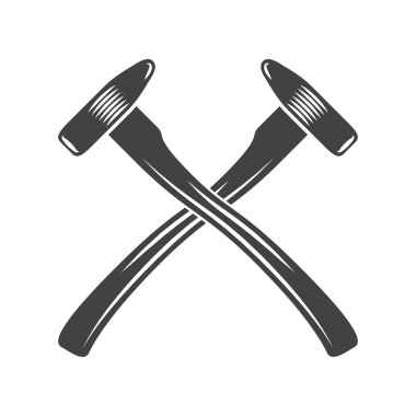 İki uzun saplı büyük çekiç geçti. Siyah beyaz düz vektör çizim, beyaz arka plan üzerinde izole logo öğe üzerinde