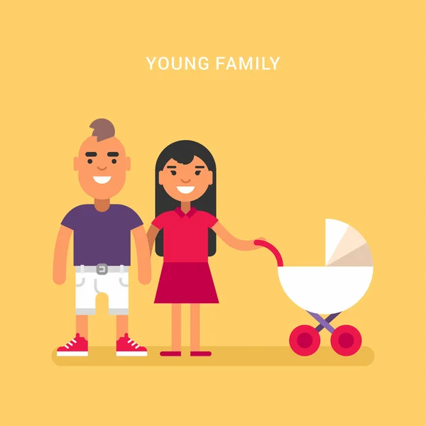Familia joven con un carro babby, cochecito ilustración vector plano de color sobre fondo amarillo — Vector de stock