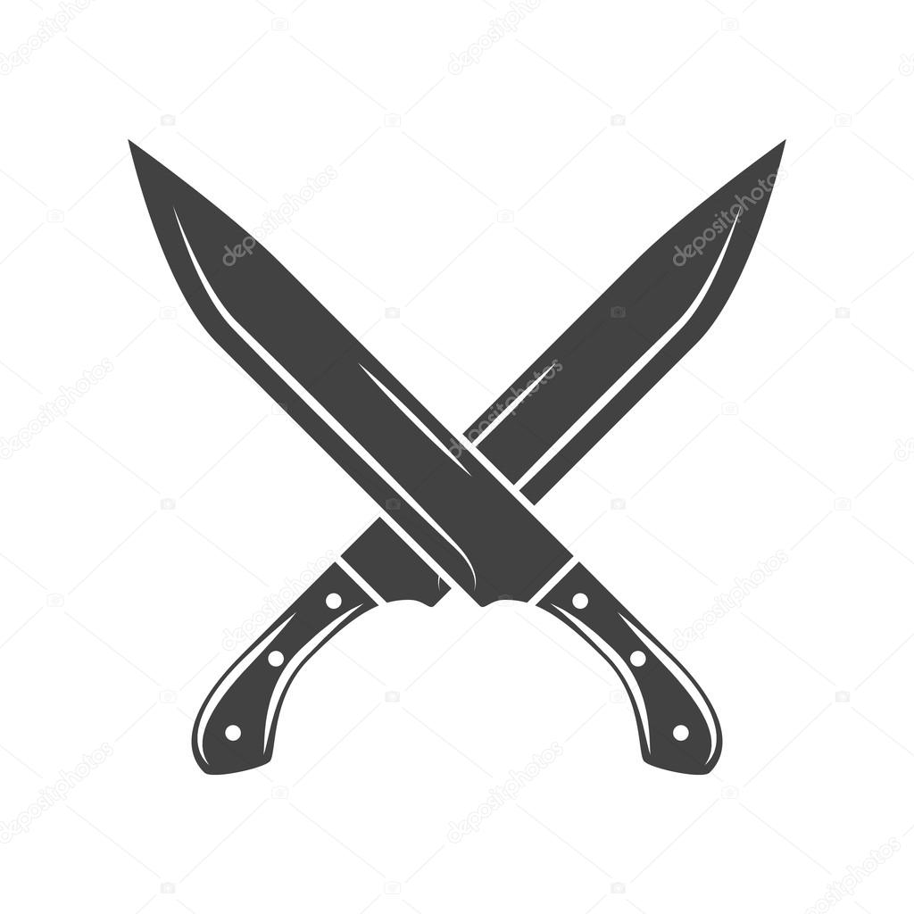Two crossed big knives with short handle and long blade, with rivets. Black on white flat vector illustration, logo element isolated on white background