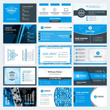 Modern yaratıcı kartvizit şablonları kümesi. Mavi ve siyah renk. Düz stil vektör çizim. İleti örneği tasarım