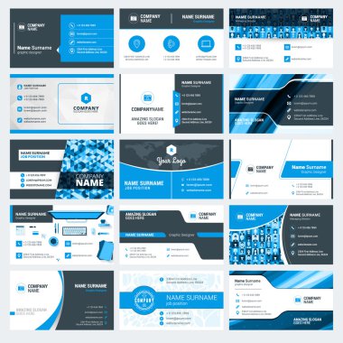 Modern yaratıcı kartvizit şablonları kümesi. Mavi ve siyah renk. Düz stil vektör çizim. İleti örneği tasarım