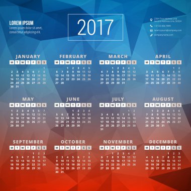 2017 yılı takvimi. Vektör tasarım kırtasiye şablonu. Hafta pazartesi başlıyor. Düz stil renk vektör illüstrasyon. Yıllık takvim şablonu