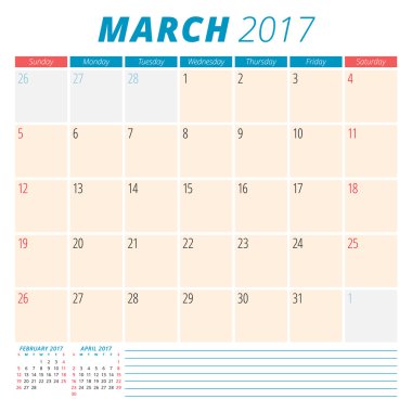 Mart 2017. 2017 Yılı Takvim Planlayıcısı. Hafta Pazar başlar. Kırtasiye Tasarımı. Sayfada 3 Ay. Vektör Takvim Şablonu
