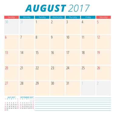 Ağustos 2017. 2017 Yılı Takvim Planlayıcısı. Hafta Pazar başlar. Kırtasiye Tasarımı. Sayfada 3 Ay. Vektör Takvim Şablonu