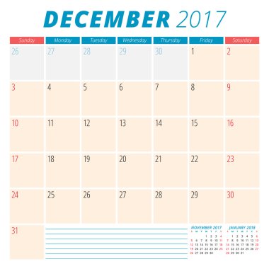 Aralık 2017. 2017 Yılı Takvim Planlayıcısı. Hafta Pazar başlar. Kırtasiye Tasarımı. Sayfada 3 Ay. Vektör Takvim Şablonu