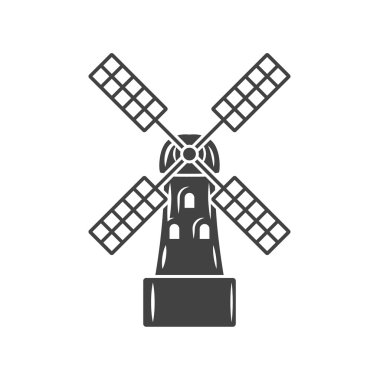 Değirmen, eski moda yel değirmeni. Siyah simge, logo öğesi, beyaz arka planda yalıtılmış düz vektör çizimi.
