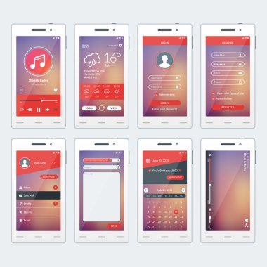 Uygulamalarla birlikte modern akıllı telefonun vektör çizimleri seti. Mobil uygulamalar için düz tasarım şablonu. Beyaz akıllı telefonlar. Vektör çizimi