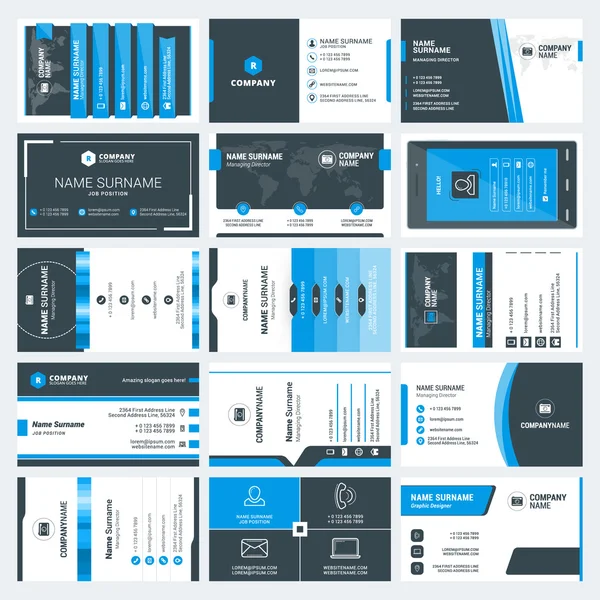 Set moderne creatieve visitekaartjes sjablonen. Blauwe en zwarte kleuren. Vlakke stijl vectorillustratie. Briefpapierontwerp — Stockvector