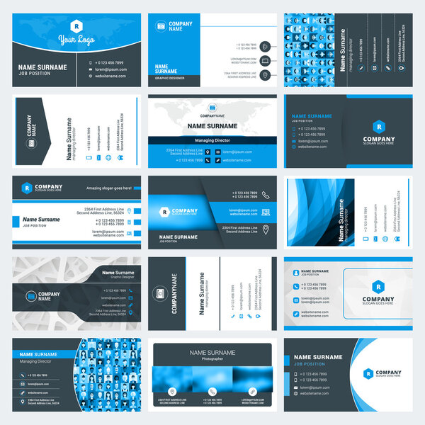 Set of modern creative business card templates. Blue and black colors. Flat style vector illustration. Stationery design