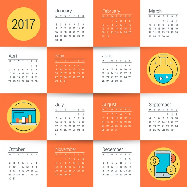 Kalender untuk tahun 2017. Templat alat tulis desain vektor. Minggu dimulai hari Senin. Ilustrasi vektor warna gaya datar. Templat kalender tahunan - Stok Vektor