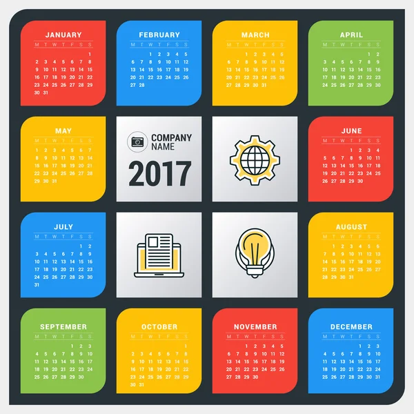 Календарь на 2017 год. Шаблон векторного дизайна. Неделя начинается в понедельник. Плоский стиль цветной вектор иллюстрации. Шаблон календаря — стоковый вектор