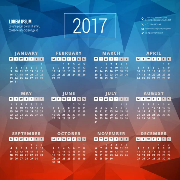 Calendrier pour 2017 année. Modèle de papeterie vectorielle. La semaine commence lundi. Illustration vectorielle couleur de style plat. Modèle de calendrier annuel — Image vectorielle