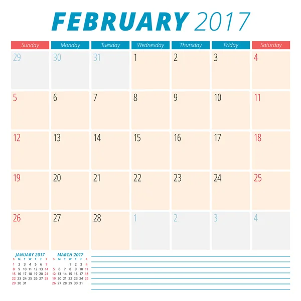 Febrero de 2017. Planificador de Calendario 2017 Año. La semana empieza el domingo. Diseño de Papelería. 3 meses en la página. Plantilla de calendario vectorial — Vector de stock