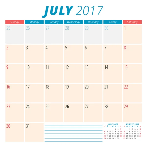 Julio de 2017. Planificador de Calendario 2017 Año. La semana empieza el domingo. Diseño de Papelería. 3 meses en la página. Plantilla de calendario vectorial — Archivo Imágenes Vectoriales