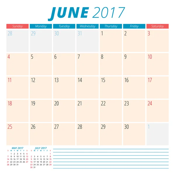 Juin 2017. Agenda Planificateur 2017 Année. La semaine commence dimanche. Papeterie Design. 3 mois à la page. Modèle de calendrier vectoriel — Image vectorielle