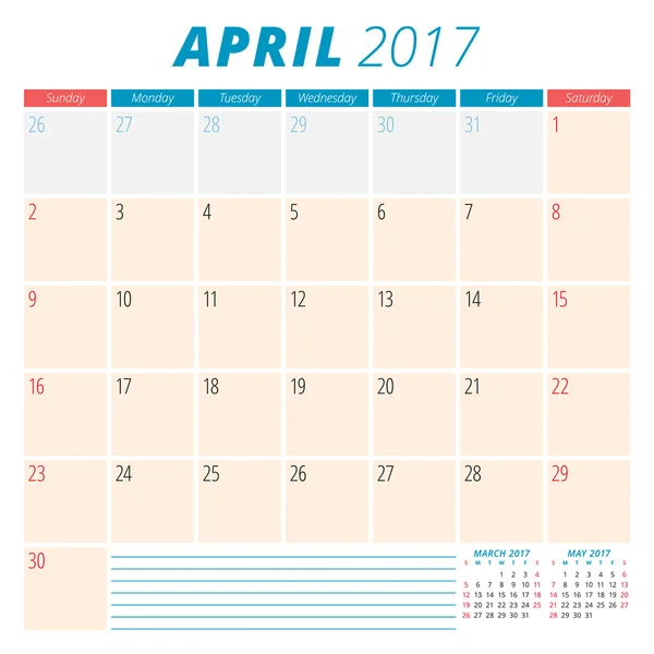 Abril de 2017. Planificador de Calendario 2017 Año. La semana empieza el domingo. Diseño de Papelería. 3 meses en la página. Plantilla de calendario vectorial — Archivo Imágenes Vectoriales