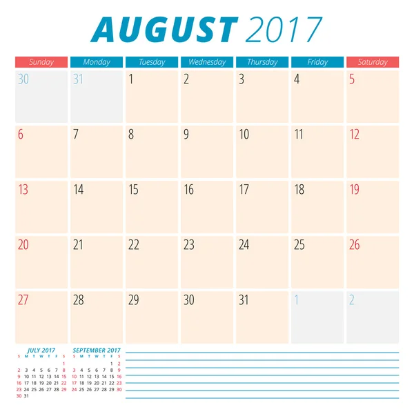 2017 Αυγούστου. Προγραμματισμός ημερολογίου για 2017 έτος. Η εβδομάδα ξεκινά την Κυριακή. Σχεδιασμός επιστολόχαρτου. 3 μήνες στη σελίδα. Μοντέλο διανυσματικού ημερολογίου — Διανυσματικό Αρχείο
