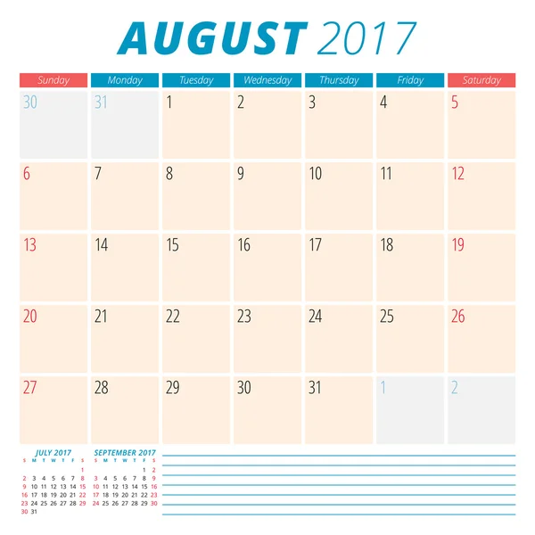 Août 2017. Agenda Planificateur 2017 Année. La semaine commence dimanche. Papeterie Design. 3 mois à la page. Modèle de calendrier vectoriel — Image vectorielle